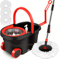 360° Spin Mop Cleaning Set with Bucket and Wringer, 3 Microfiber Replacement Heads and 61 Inch Adjustable Handle for Home Floor Care