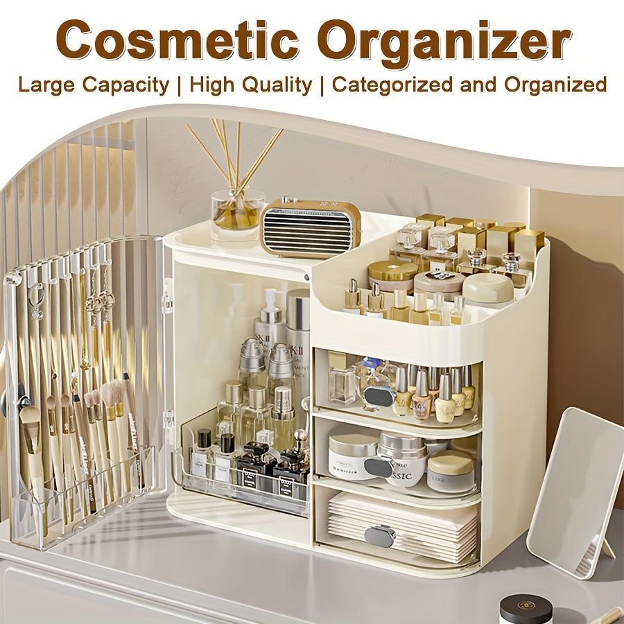 Makeup Organizer Cabinet with 3 Drawers, Top Storage and Transparent Side Door for Cosmetics, Skincare and Bathroom Vanity Organization in Black or Cream White