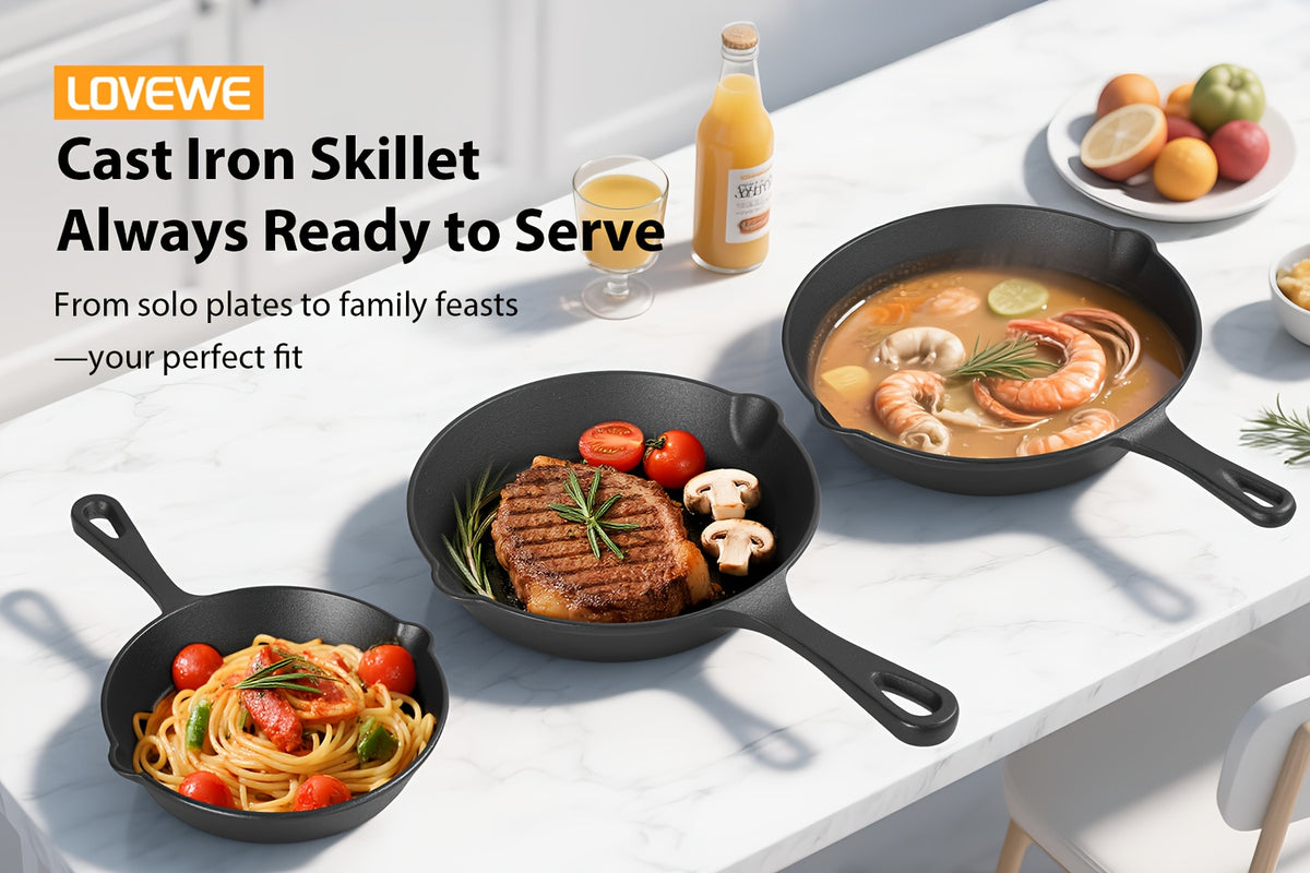 3/4/5pcs Cast Iron Skillet Set, Professional-Grade Commercial Quality Pre-Seasoned Cookware, Suitable for Frying, Sautéing, and Cooking, Usable Indoors/Outdoors, in Ovens, and on Grills
