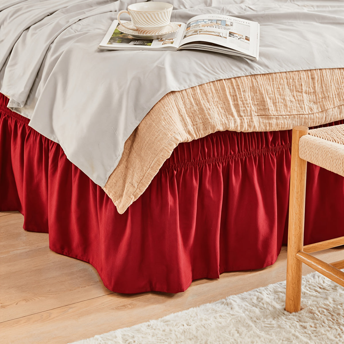 Leafy Sleep Elastic Bed Ruffle, Easy Wrap Around Ruffle, Microfiber Bed Skirt with Adjustable Elastic Belt 15 Inch Tailored Drop, Hotel Quality Bed Skirt, Fade Resistant, Easy Fit, Machine Washable