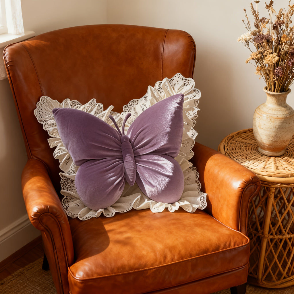 Butterfly-Shaped Decorative Pillow Home Decor Cushion with White Lace Trim Luxurious Velour Fabric And Fill Lumbar Support Cushion for Sofas, Beds, Cars, Offices - Perfect Gift for Women, Housewarming, Christmas, Valentine'S Day Machine Washable