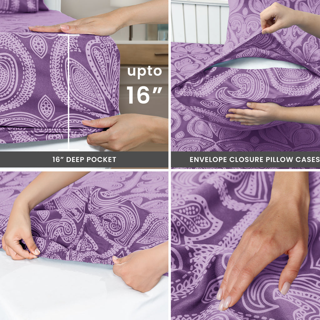 Paisley Bed Sheet Set, Soft Double Brushed Microfiber Bedding with 16-Inch Deep Pocket Fitted Sheet and Pillowcases in Six Sizes for Bedroom Comfort