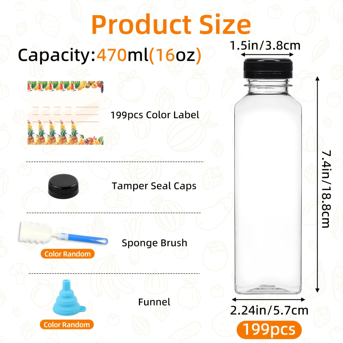 Of 127/140/141/199 Empty Plastic Bottles, Party Cups, with Tamper-Proof Black Caps, 1 Rubber Funnel&1 Sponge Brush(Random Color), 12Oz/16Oz Empty Plastic Juice Bottles with Caps, Bulk Clear Beverage Containers for Juicing, Drinking, Other Beverages
