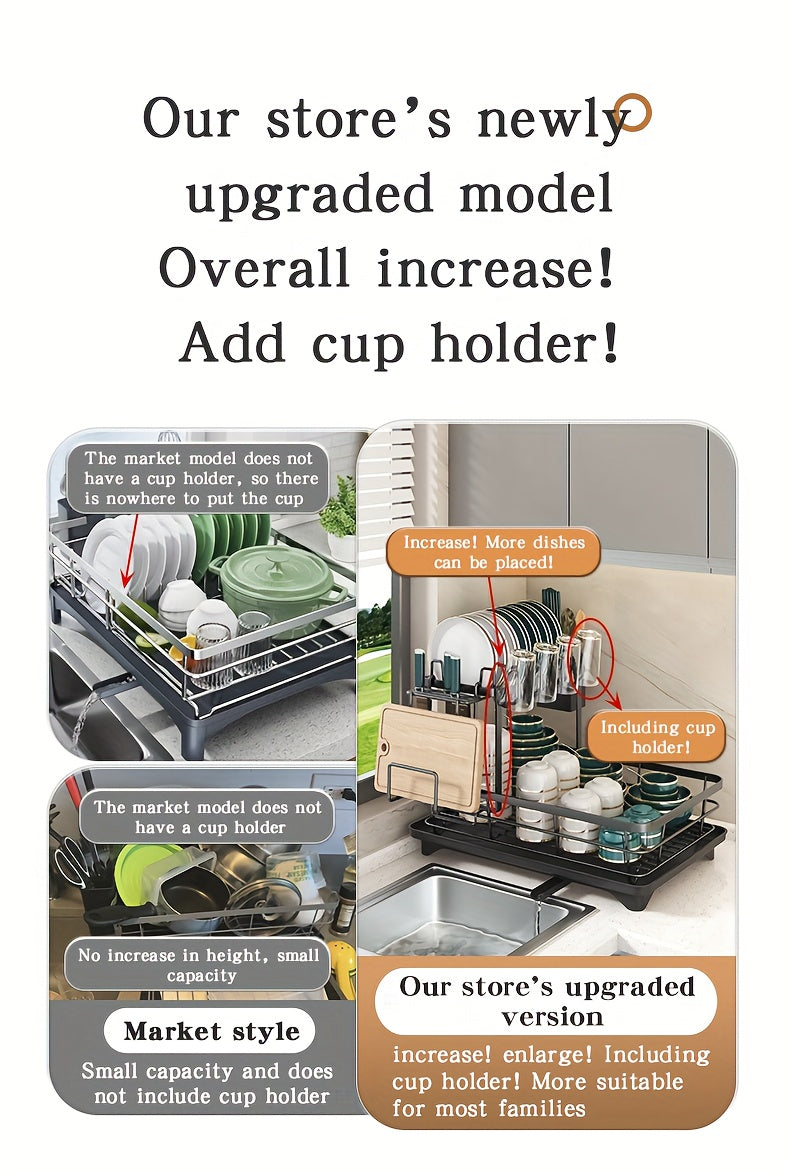 2-Tier Metal Dish Drying Rack, Suitable for Types of Countertops. Space-saving and Durable, Comes with Cutlery Holder, Cup Holder, and Rust-proof Drip Tray. Helps Your Kitchen Neat and Organized.