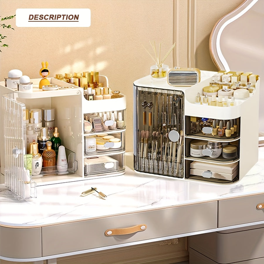 Makeup Storage Box And Beige Care Product Storage Box, A High-capacity Cosmetic Storage Solution. Cosmetic Storage Cabinet with 3 Drawers And Mirrors, Colored Contact Lenses Display Case Bathroom Vanity Organizer, for Home And Bathroom Storage