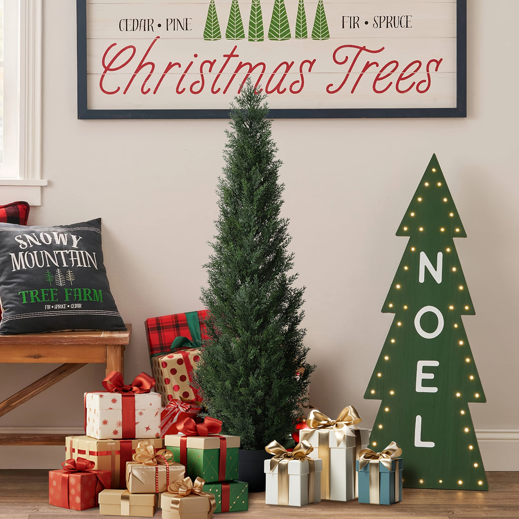 Outdoor Artificial Topiary Cedar Tree - 1pc/2pcs Fake UV Rated Potted Plants - 3/4/5FT Faux Pine Bushes And Shrubs For Front Porch Home Office Decor