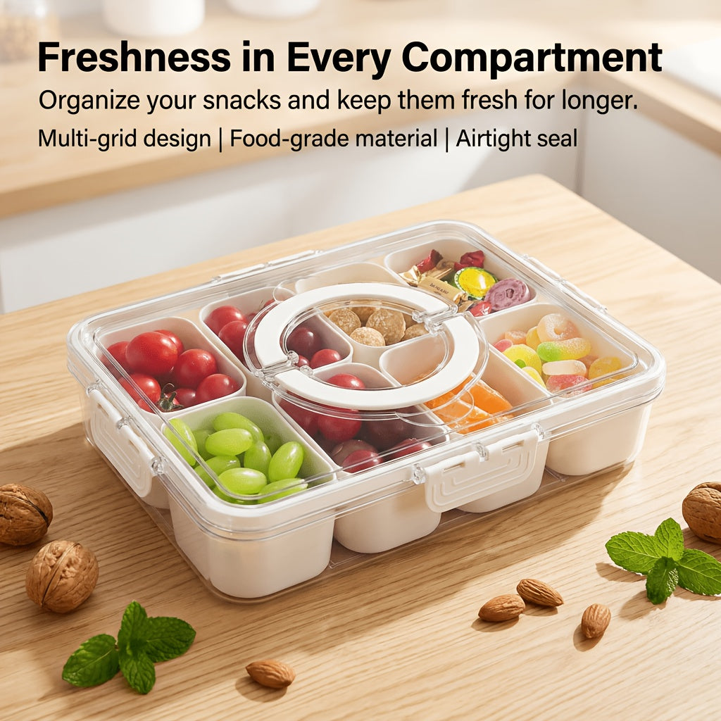 8-Compartment Divided Snack Box with Lid & Handle - Airtight BPA-Free Leakproof Plastic Storage Container Suitable for Parties, Picnics, Lunchboxes, Pantry Organizer, Square Lunch Tray with Snap- Lid for Home,, Office Use