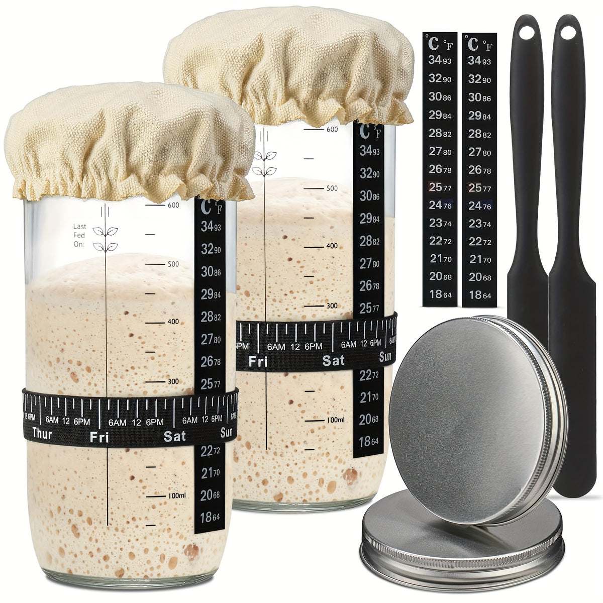 1/2pcs Fermentation Jar 24oz, Glass Jar with Auxiliary Label, Fermentation Jar Kit Set, Thermometer, with Scraper, Stitched Cloth Lid and Aluminum Lid, Suitable for Bread Baking Supplies, Juice Fermentation Glass Jar
