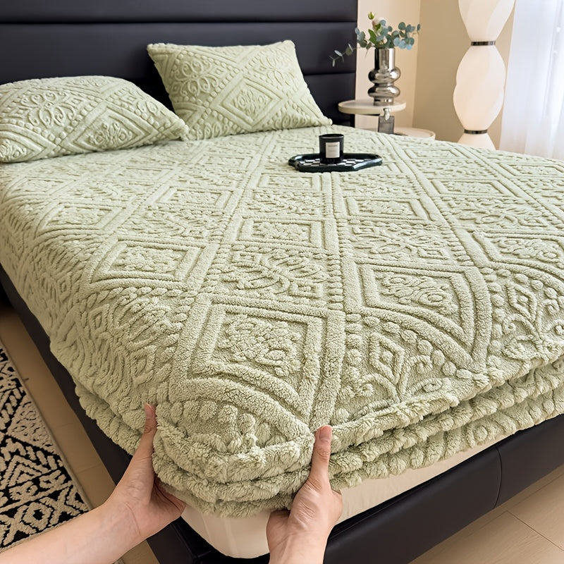 Embossed Fitted Sheet with Optional Pillowcases, Soft Deep Pocket Machine Washable Bedding in White, Gray, Khaki, Blue and Green for Twin Full Queen King