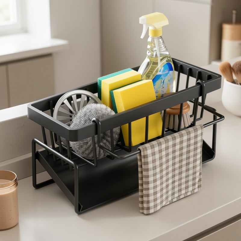 Black Sponge Drain Rack with Dishcloth Holder, Sink Storage Rack for Sponges, Dish Soap, Dishcloths, Brushes, and Utility Cloths, Christmas