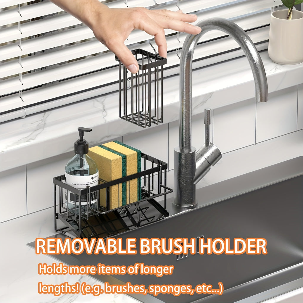 1pc Sponge Holder For Kitchen Sink With Drain Design And Dishcloth Rack, 304 Stainless Steel Sink Rack With Tall Brush Holder, Kitchen Sink Storage Box For Countertop, Soap Dispenser, Kitchen Organizer, And Essential Storage Accessories.