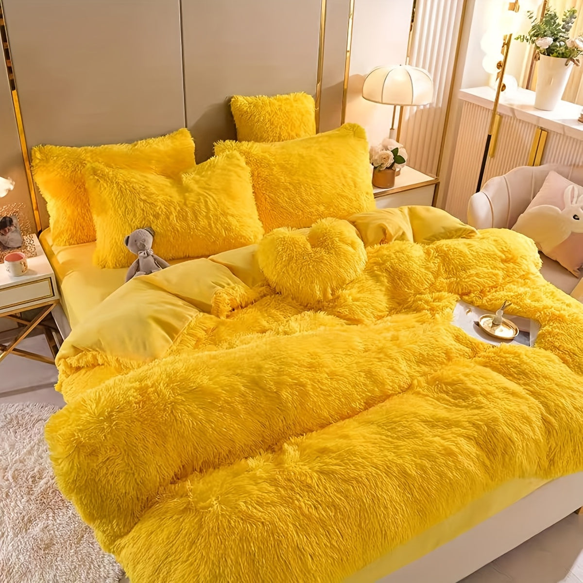 4pcs Fluffy Comforter Cover Set Queen King, Soft Plush Duvet Cover Set with Pillow Shams, All Season Cozy Bedding, No Insert