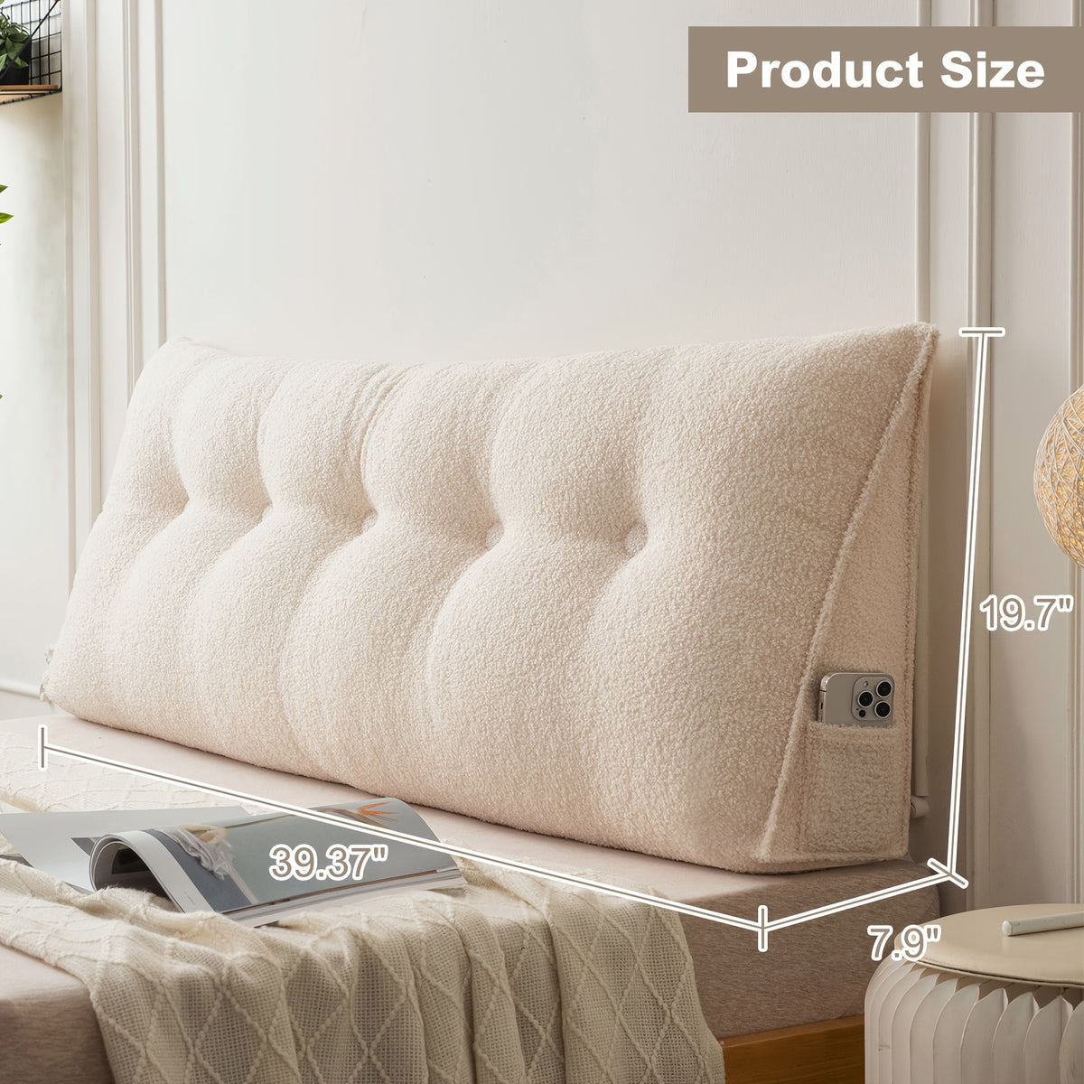 Headboard Reading Pillow, Triangular Teddy Velvet Backrest Cushion with Side Pocket and Removable Washable Cover for Twin, Queen and King Beds