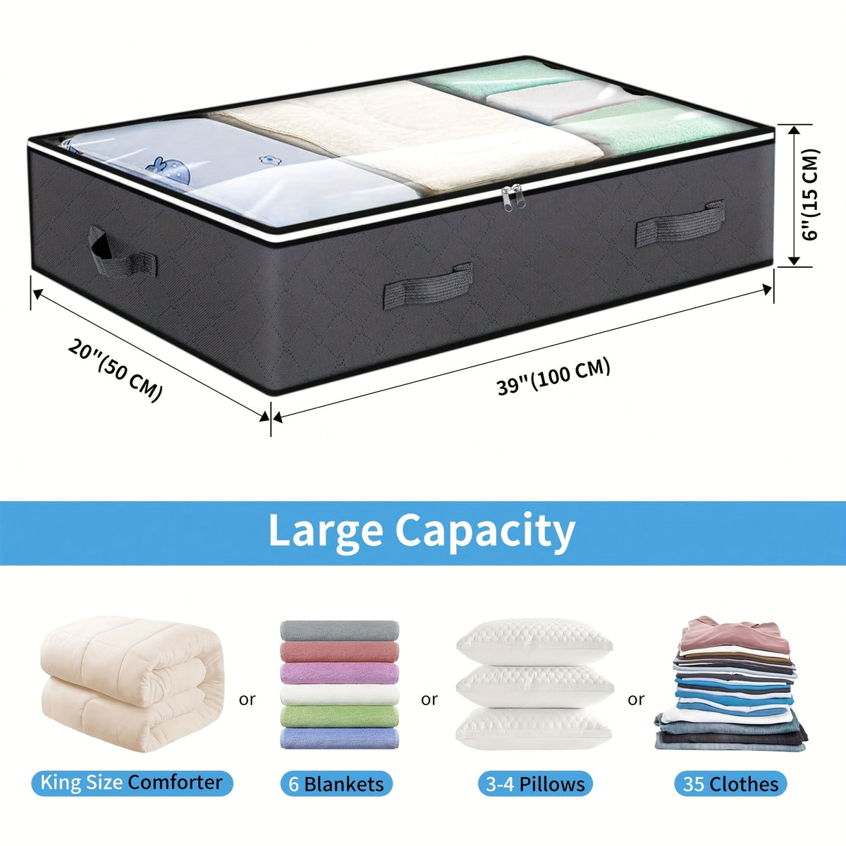 6-pack Under-bed Storage Bags, 23.78 Gallons, Foldable Fabric Storage Bags with Zipper Closure, Space-saving Design, Reinforced Handles, Multiple Compartments, Under-bed Storage., Under-Bed Storage