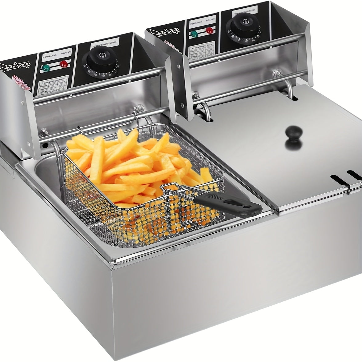 Stainless Steel Electric Deep Fryer with 2 Baskets And Lids, Adjustable Temperature Control, US Plug - Outdoor/Indoor Use for French Fries, Chicken, Donuts, Commercial & Home Kitchens, Deep Fryer Basket