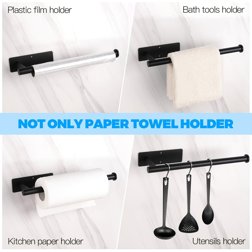 A Single Unit of a Paper Towel Holder Designed for Under Cabinets in The Kitchen, Made from SUS304 Stainless Steel And Can Be Mounted on The Wall Using Either Adhesive Or Screws. It Also Serves As a Rack for Bathroom Towels