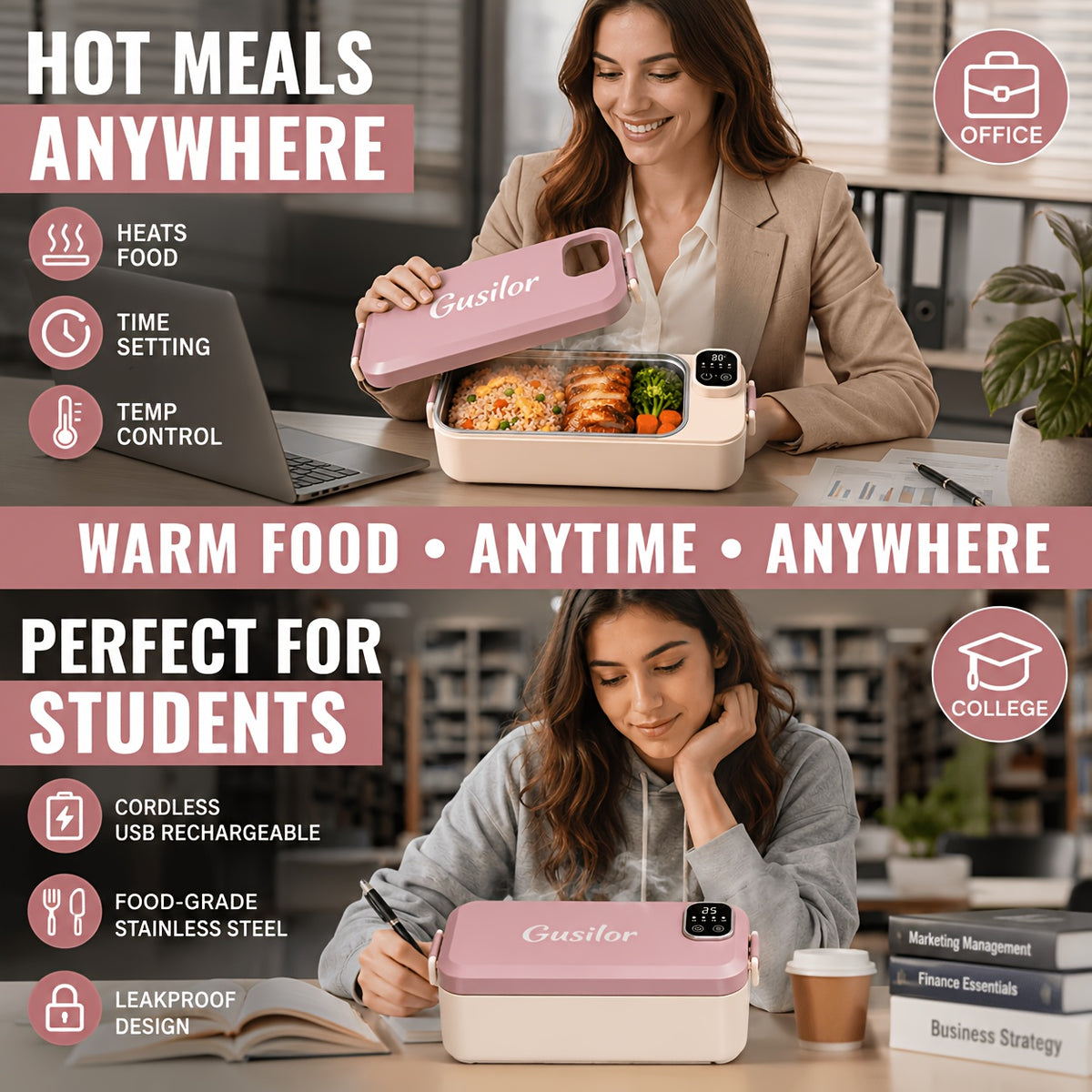 Rechargeable Lunch Box Portable Timer-Controlled (Upgraded Version), Lunch Box for Women Men, Bento Box Adult, Insulated Lunch Bag, Snack Lunch Containers with Lids, Meal Prep Containers, Heated Lunch Box