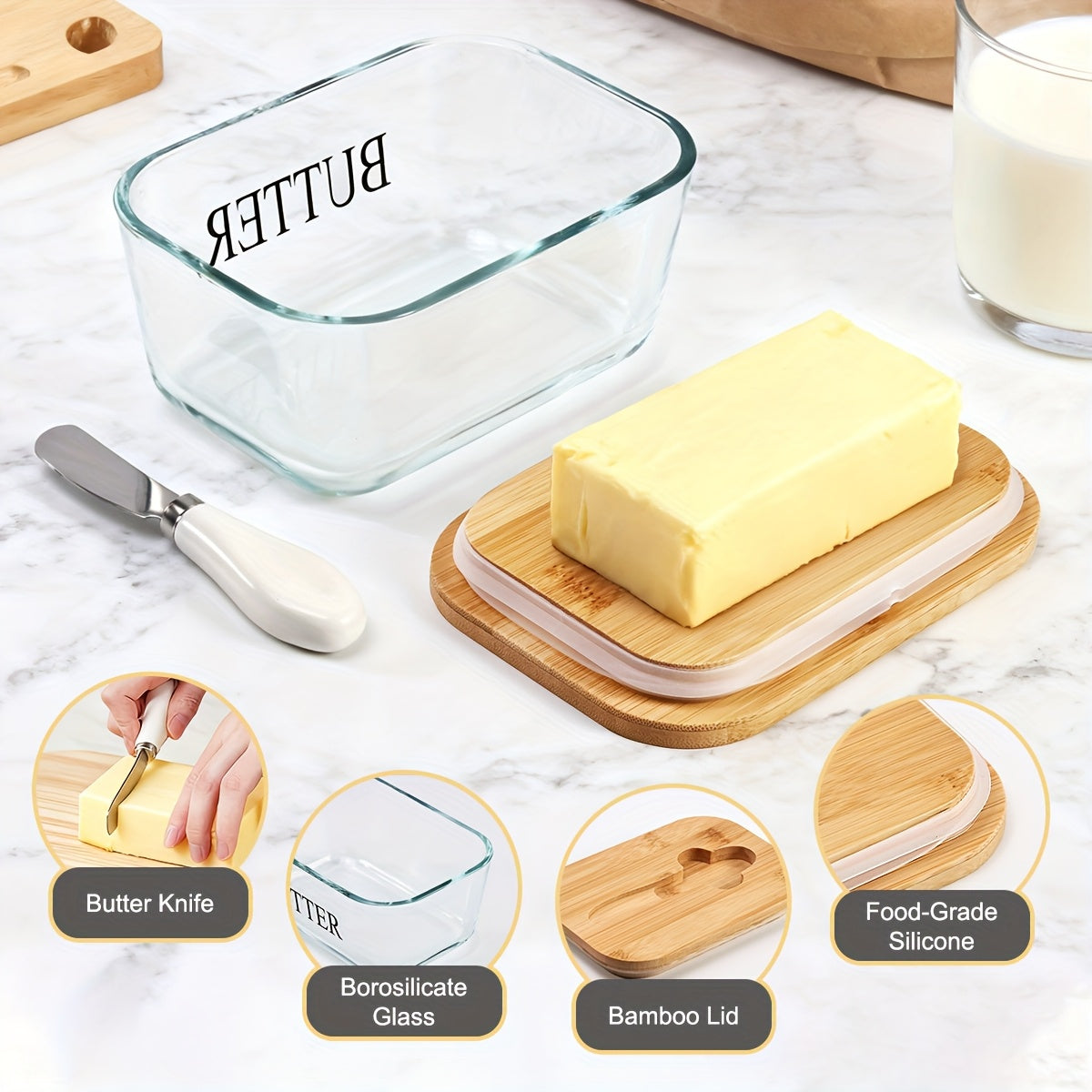 Large Glass Butter Dish with Lid Upgraded The Capacity to Holds 1lb of Butter Butter Keeper with Knife for Countertop and High-quality Seal Kitchen Decor and Gifts for Countertop and Refrigerator Door Shelf