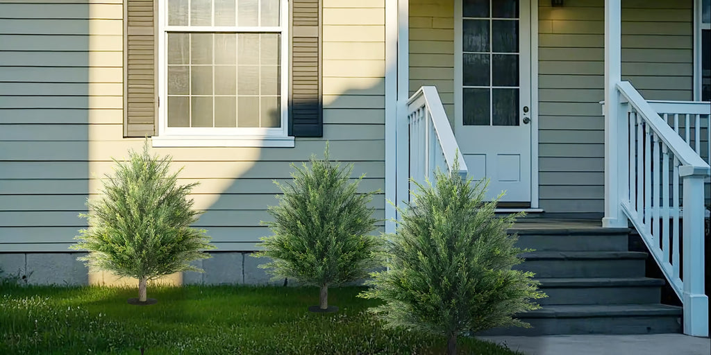 2 Sets Artificial Cedar Topiary Ball Trees with Ground Spike, UV Resistant Fake Cypress Evergreen Shrub Bushes, Faux Ball Plant for Indoor Outdoor Front Porch Yard Garden Home Decor