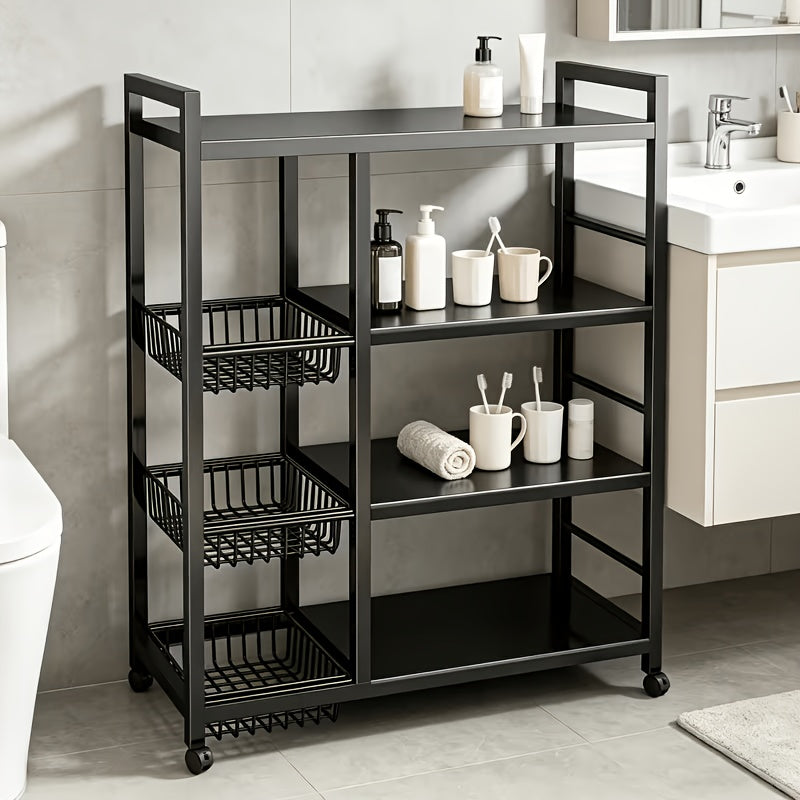 1pc Movable Storage Rack, Adjustable Kitchen Shelf with Baskets, Kitchen Organizer And Storage, Metal Shelf Rack with Wheels, Suitable for Garage, Pantry, Bathroom, Closet, Warm House Gift, New Home, Standing Shelf, Utility Racks