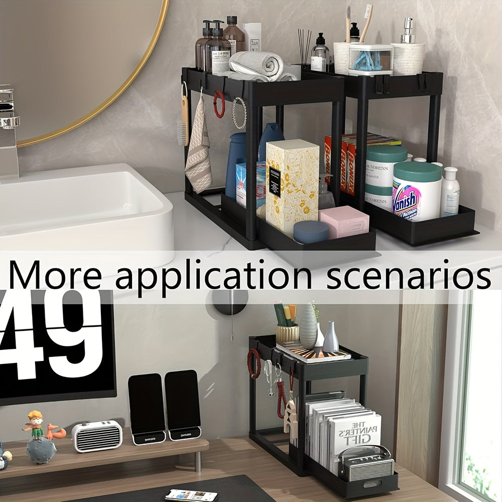Set of 2 Under-Sink Organizers, Bathroom Cabinet Storage Solution, Dual-Tier Sliding Basket Drawers, Versatile Bath Collection Baskets for Under-Counter Storage with 8 Hooks