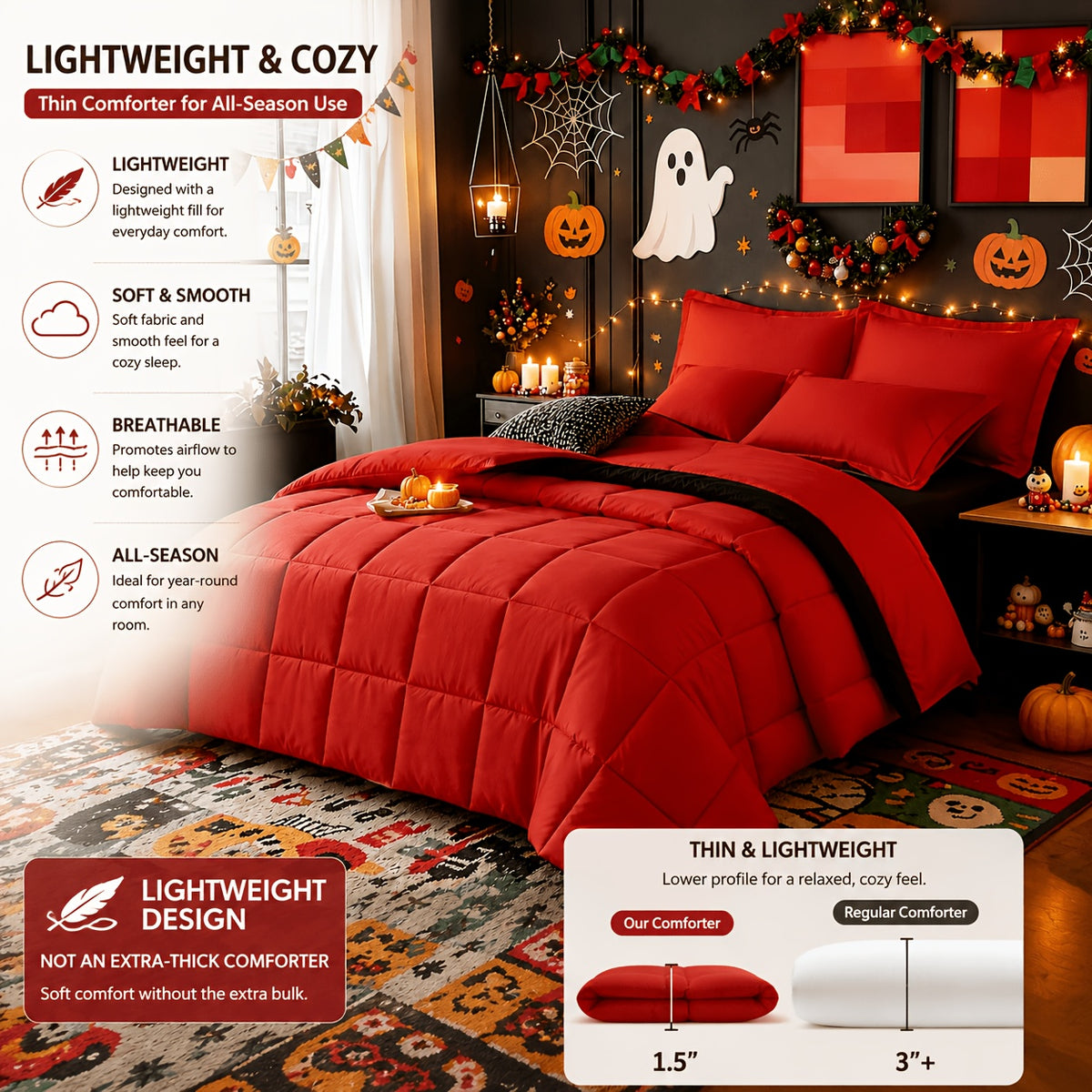 Box Stitch Comforter Set with Pillowcases, 2 or 3-Piece All-Season Bedding in Twin, Queen and King Sizes with Red & Black and More Color Options