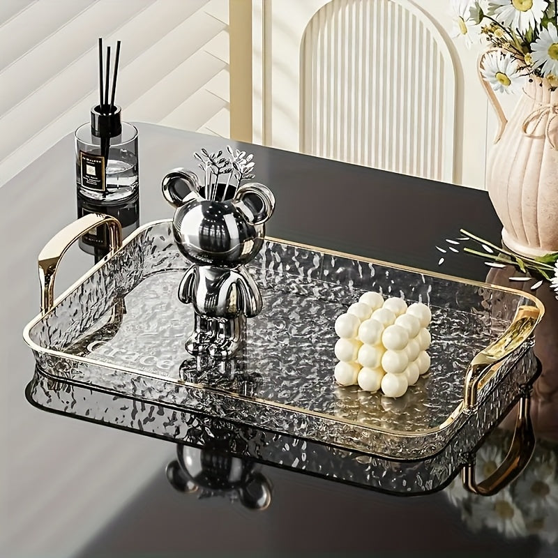 3pcs Transparent Elegant Golden-Rimmed Rectangular Trays Set, Large/Medium/Small PTE Transparent Serving Platters with Handles - Ideal for Fruits, Snacks, Pastries | Perfect for Parties & Festivals, Trays for Serving Food, Party & Festival Essenti