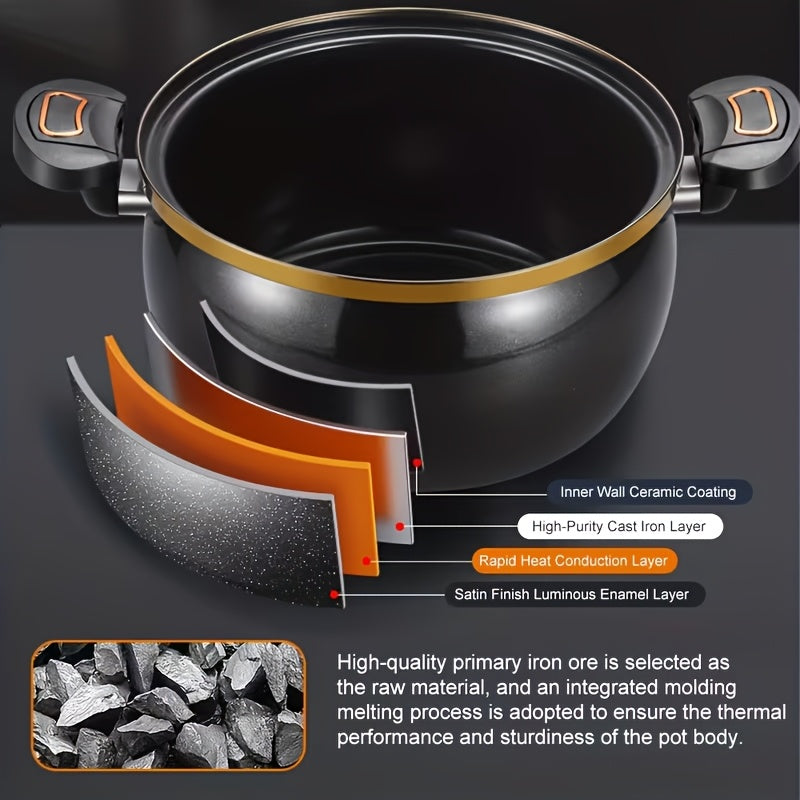 Heavy-Duty Cast Iron Enamel Stew Pot with Double Ears - Non-Stick Soup & Stewing Cook Pot for Induction/Gas Stoves, Large Capacity Braizer for Home, Roasting, Frying Eramic Coated Stock Pot for Quick Cooking, Stew, Soup, Braising