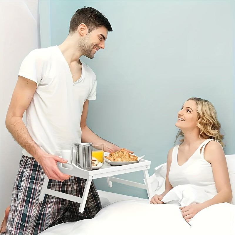 2pcs Bamboo Breakfast Tray with Folding Legs & Handles - Extra Wide Stable Food-Safe Bed Tray Table for Eating, Working, Drawing - Portable Foldable Design for Sofa, Bed, Lazy People, Bedside Table | Natural Look | with 10pcs Paper Plates