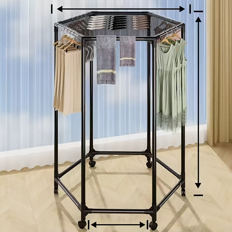 Hexagonal Rotary Clothes Rack, Self-Standing Vertical Clothing Hanging Rack, Suitable for Laundry And Household Storage Space Saving (Black/White), Easy Storage Device, Durable Structure, High-Quality Materials, Small Apartment Living, Convenient