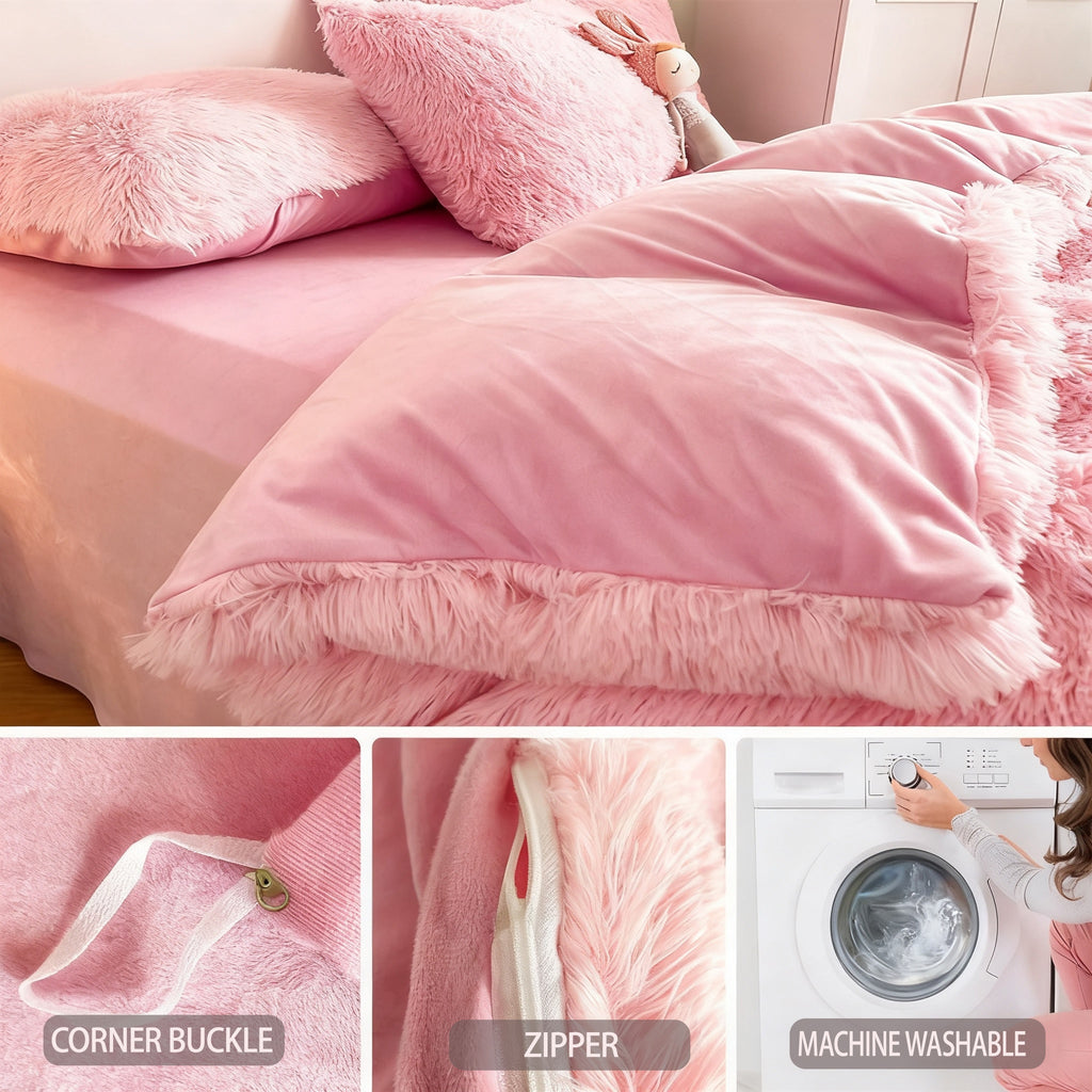 4pcs Fluffy Comforter Cover Set Queen King, Soft Plush Duvet Cover Set with Pillow Shams, All Season Cozy Bedding, No Insert