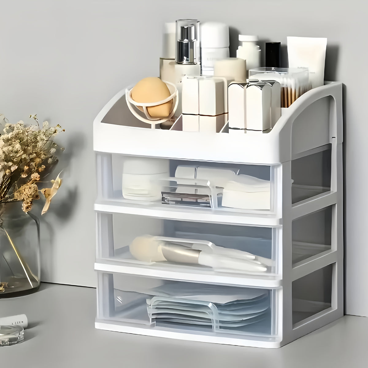Makeup Storage Organizer with Six Top Compartments and Three Pull-Out Drawers, Four-Layer PP Plastic Cosmetic Holder for Skincare, Vanity and Desk Essentials