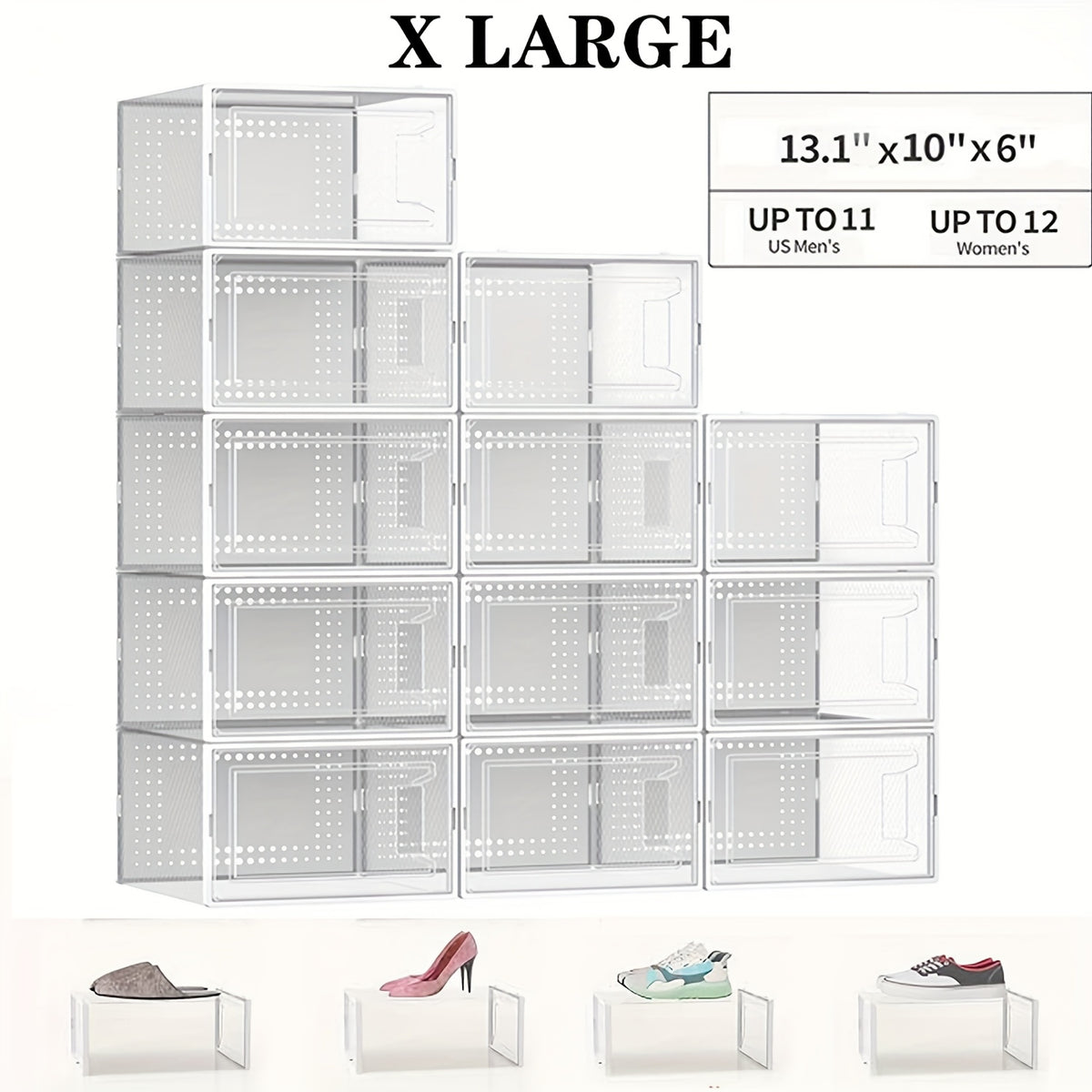 12 Pack XX Large Shoe Organizer Storage Boxes for Closet, Modular Space Saving Shoe Boxes Clear Plastic Stackable Sneaker Containers Display Case with Lids, Black02