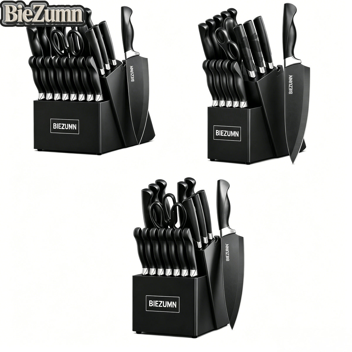 15pcs Black Kitchen Knife Set with Stainless Steel Blades, Non-Stick Coating, And Lightweight Ergonomic Handles- Professional Chef Knives for Home And Commercial Use, Sharp And Durable Utensil Set with Knife Block And Scissors