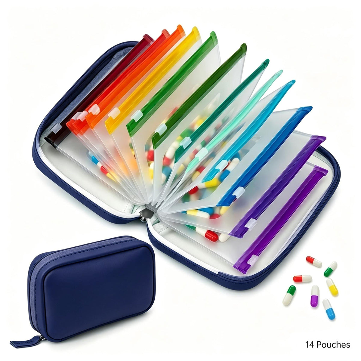 1 Pack of A8 Waterproof Pill Storage Bag Set, Large Weekly Pill Organizer with 14 Color-coded Pill Bags, Reusable Travel Medicine Storage Bag, Zipper Pill Storage Bag, Suitable for Fish Oil, Vitamins