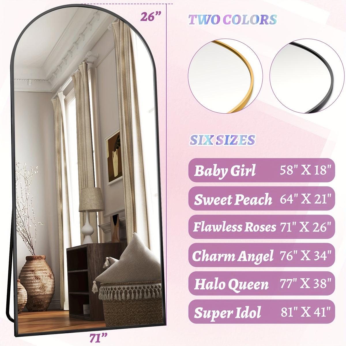 A Full-Length Mirror Measuring 59"X18", 64"X21", Or 68"X26" in an Arched Design, Suitable for Freestanding Use. This Full-Body Mirror with a Stand Is Perfect for Bedrooms, And It Can Also Be Mounted for Use in Living Rooms Or Cloakrooms