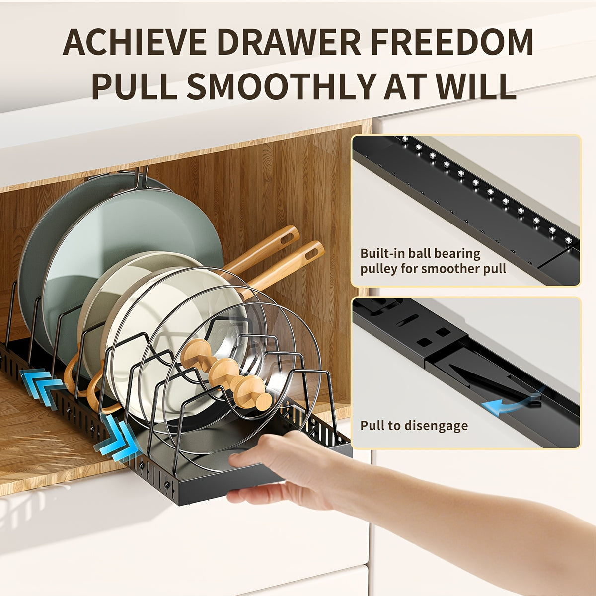 1/2pcs Pull-Out Pot And Pan Storage Box for Cabinets, Kitchen Sliding Lid Rack And Pan Holder, Cabinet Sliding Storage Box for Storing Lids, Baking Tools, And Plates, 8/16 Adjustable Dividers, Kitchen Decor And Accessories.
