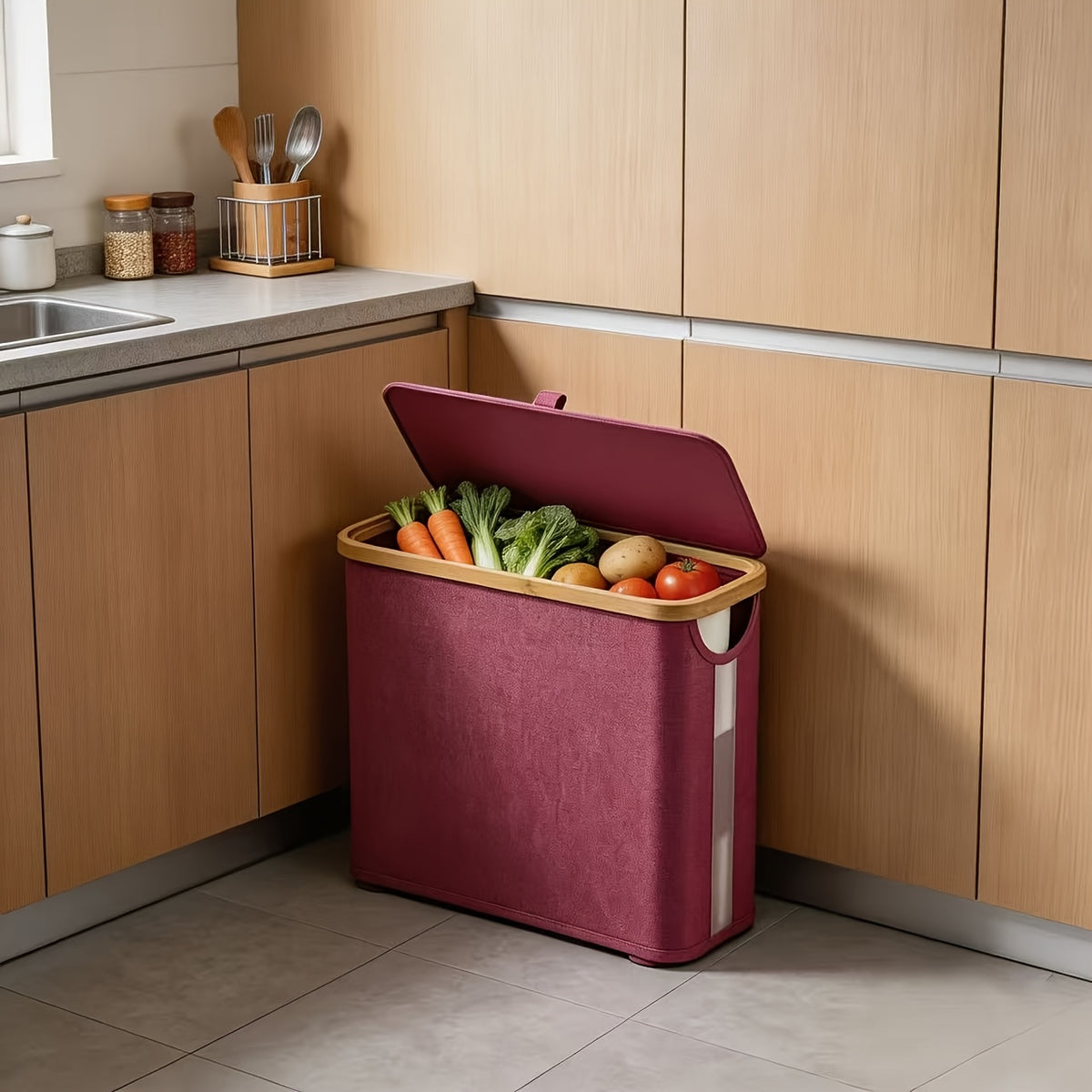 Covered Toilet Paper Storage Basket, Bamboo-Trim 600D Oxford Cloth Bathroom Organizer with Listed 9–12 Roll Capacity in Five Colors