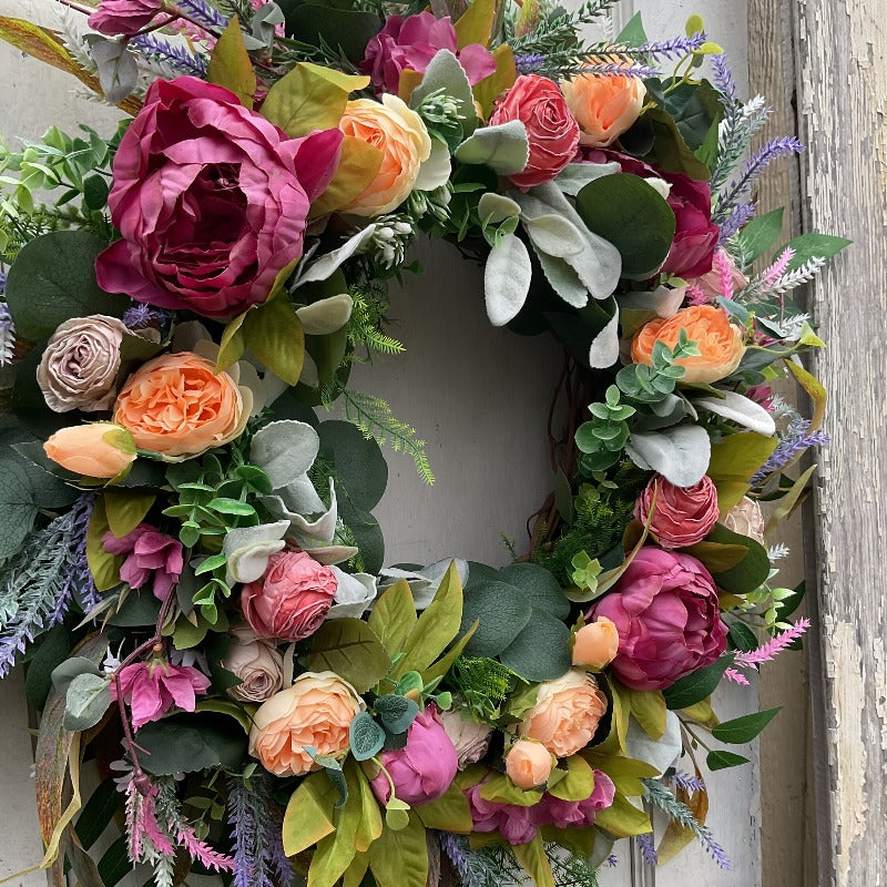 Elegant Peony & Roses Wreath with Pink, Purple, Peach, & Green Foliage - Durable Plastic Farmhouse Door Decoration for Spring Summer Home Decor, Contemporary Floral Wreath with Lush Foliage & Pastel Hues, Easy to Install with Adhesive/Screws, All-Season I