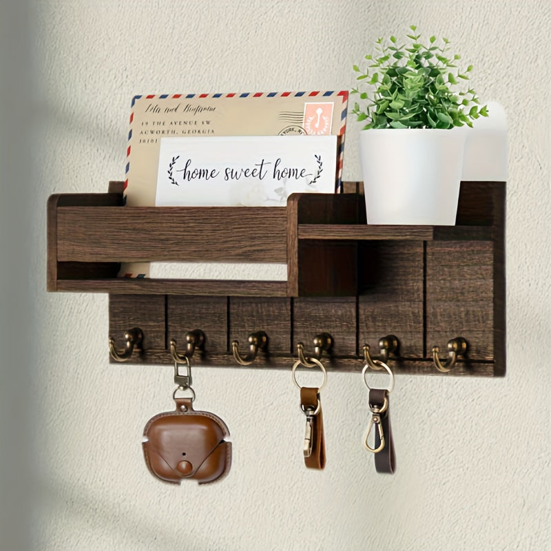 Rustic Wood Wall Mounted Storage Rack with Mailbox Slot - Door Handles And Decorative Hanging for Porch, Bedroom, Bathroom, Living Room with Multiple Hooks for Keys, Hats, Envelopes, Books, Floating Shelf