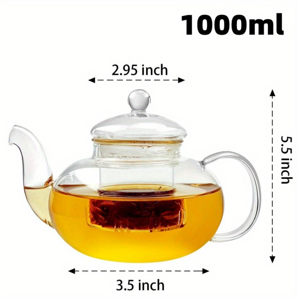 1000Ml Glass Teapot with Infuser And 4 Cups, 33.8 Oz (1000 Ml) Glass Teapot with Detachable Infuser for Flowering And Loose Leaf Tea, Microwave And Stovetop Tea Set Gift Box