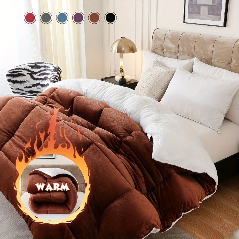 1pc Thick Soft Comforter Plush Flannel Sherpa Comforter, 600G Filling Ultra Breathable All Season Comforter Double-Sided, Box Stitch Solid Color Comforter For Bedroom, Warm For Autumn And Winter Comforter, Gift, Home Deco