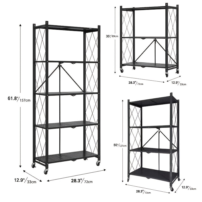 No-Assembly Rolling Storage Rack, 3 4 or 5 Tier Folding Metal Shelves with Locking Wheels in Pink, Green, Black or White for Kitchen and Dorm Organization