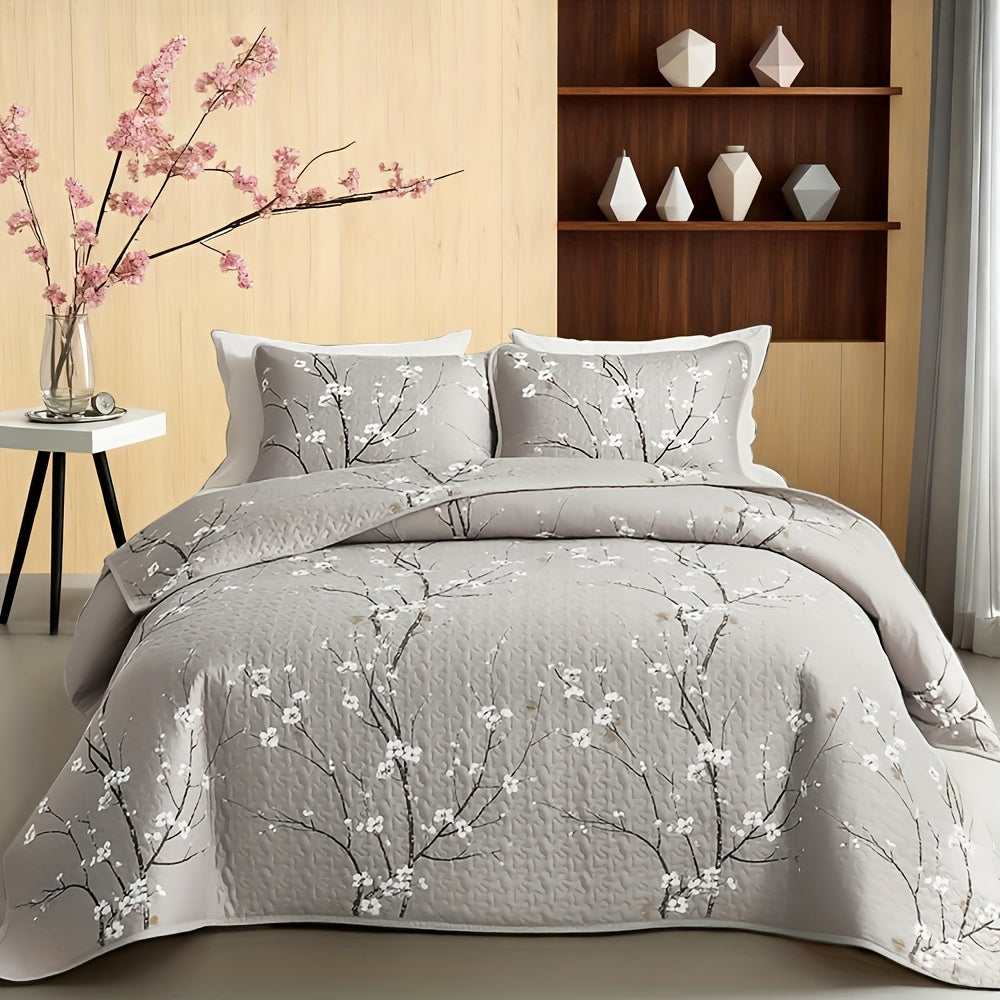 2/3pcs Multicolour Tree Branch Plum Blossom Quilted Quilt, 1pc Quilted Quilt+ 1/2pcs Pillowcases, Soft Breathable Comfortable Portability Hypoallergenic Machine Washable Bed Cover Bedding Room Decor, SingleBed/ Queen/ King Size