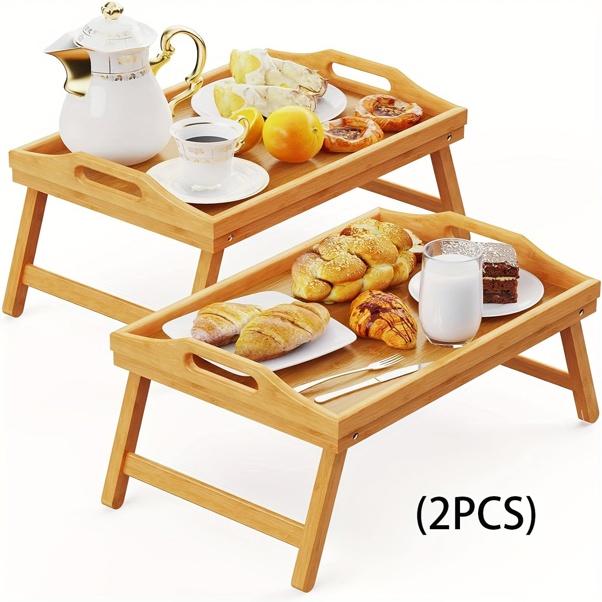 Bamboo Bed Tray Table with Folding Legs and Handles, 19.32 x 11.83 Inch Breakfast and Snack Serving Tray for Sofa or Bed in 1 or 2 Pack Options