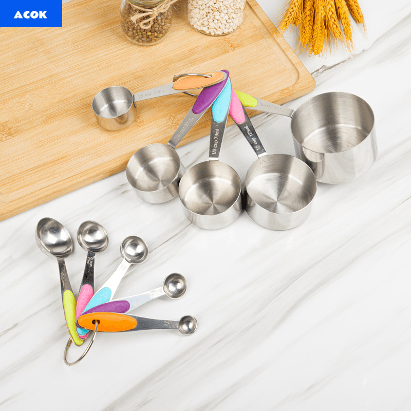 5pcs Measuring Spoon Set/10pcs Measuring Spoon Measuring Cup Set, Stainless Steel, With Silicone Handle, Precise Measuring Tool For Cooking | Essential For Christmas Baking
