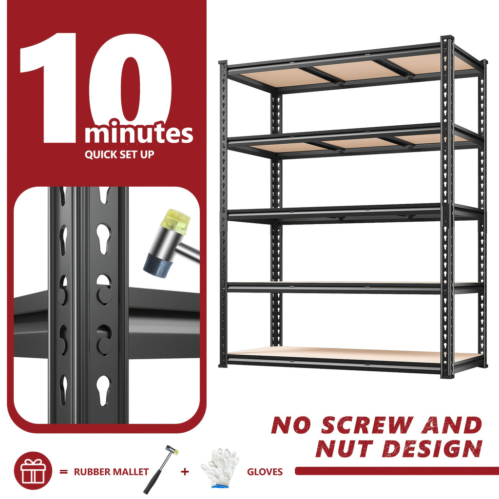 REIBII 2000LBS for garage Shelving Storage Shelves Heavy Duty 5-tier Metal Shelving Units For Garage Shelves 60" H X 28" W X 12" D, Adjustable Utility Shelf Rack For Kitchen Warehouse Basement Pantry Utility Rack Shelf, Black, Standing Shelf