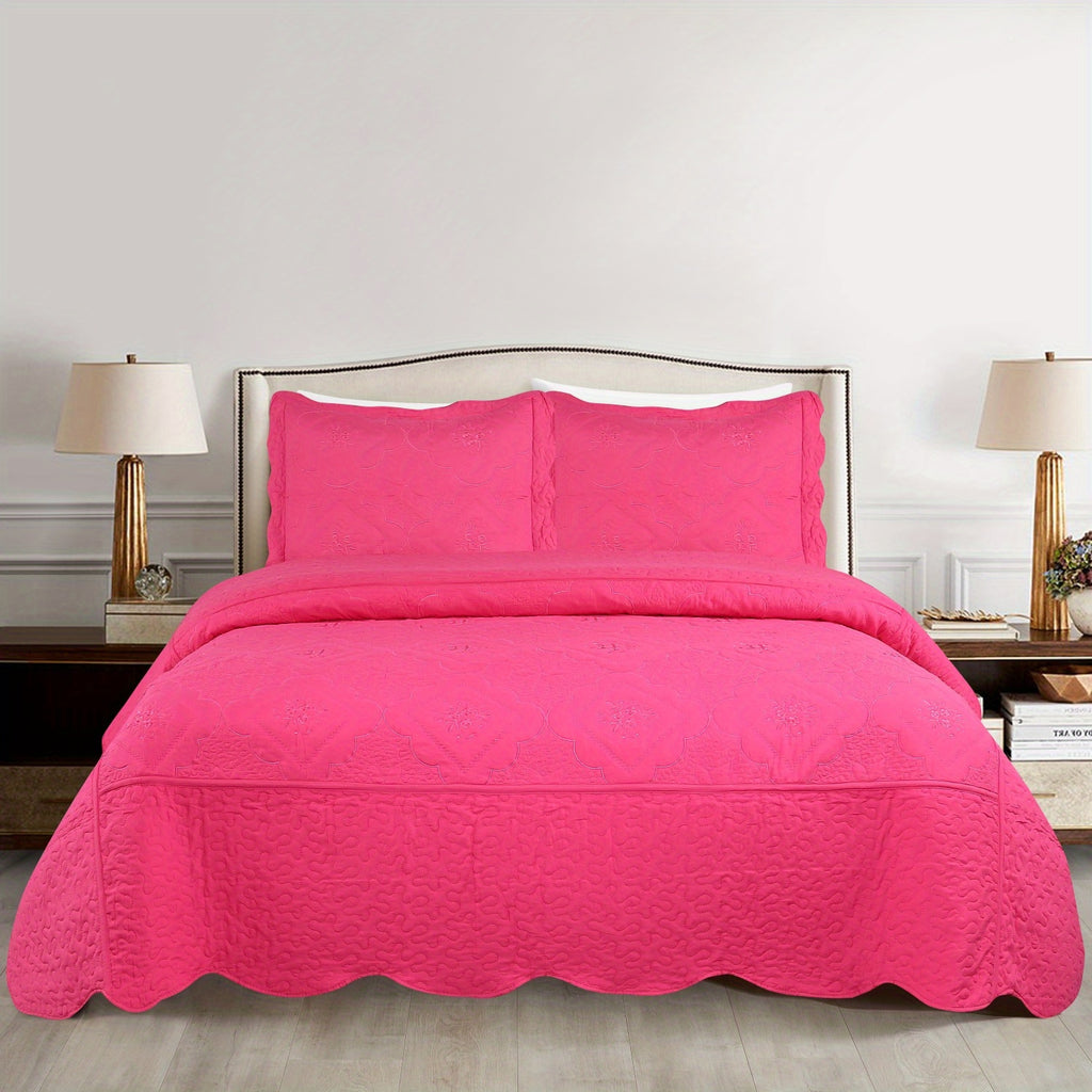 3pcs Exquisitely Crafted King/ Queen Size Quilted Bedspread Set with Intricate Floral Embroidery - 100% Polyester, Wrinkle - Resistant, Lightweight, Perfect for Adding A Touch of Elegance To Your Bedroom Decor