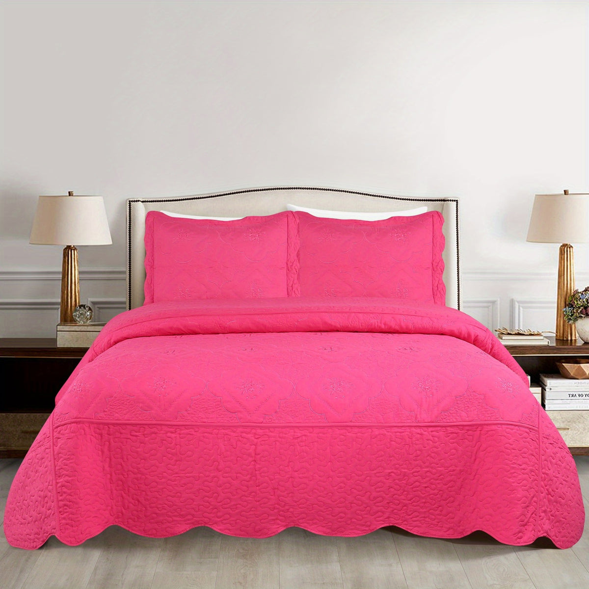 3pcs Exquisitely Crafted King/ Queen Size Quilted Bedspread Set with Intricate Floral Embroidery - 100% Polyester, Wrinkle - Resistant, Lightweight, Perfect for Adding A Touch of Elegance To Your Bedroom Decor