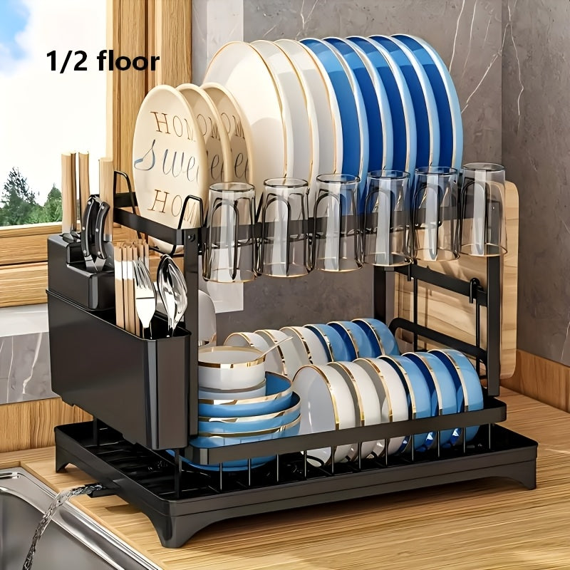 2 Tier And 1 Tier Dish Drying Rack for Kitchen Counter, Dish Drainers for Kitchen Counter with Drainboard, Metal Kitchen Dish Rack with Drain, Kitchen Drying Rack Two Tier, Black Dish Racks, Spoons And Fork